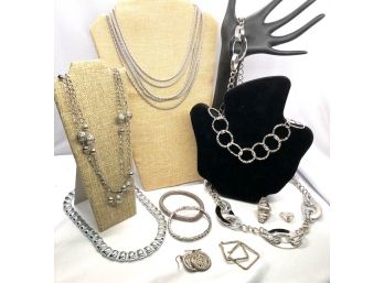 Grouping Of Silvertone Jewelry & Belt - 11 Pieces