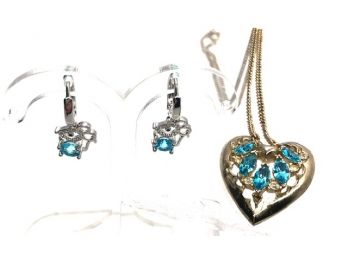925 Sterling Silver Mouse Earrings & Vintage Coro Brooch Necklace W/ Aqua Stones