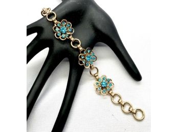 Vintage Goldtone Daisy Bracelets W/ Teal Stones