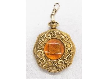 Fantastic Gold Gilt Locket W/ Amber Center Piece W/ Inset Silhouettes