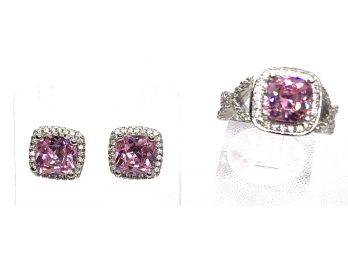 Sensational 925 Sterling Silver Earring & Ring Suite W/ Pink Stones