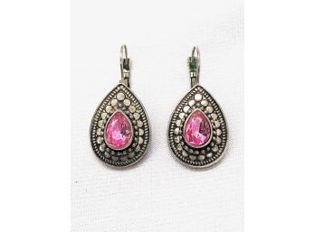 Fantastic Silvertone Earrings W/ Dazzling Pink Stones
