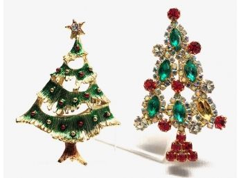 Pair Of Goldtone Christmas Tree Brooches