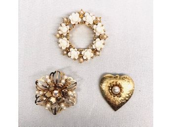 Trio Of Goldtone Brooches W/ Pearl Accents