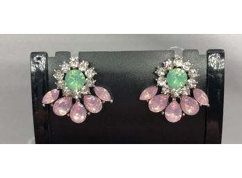 Opaque Green & Pink Stone Button Like Earrings