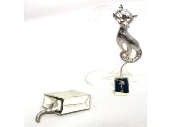 Two Signed Cat Theme Brooches