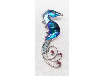 Vibrant Silvertone & Iridescent Glass Seahorse