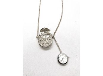 Locket Style Silvertone Pocket Watch Locket Necklace