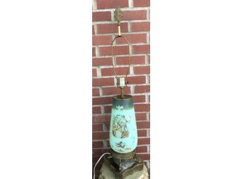 Antique Brass And Painted Porcelain Table Lamp With Courting Scene