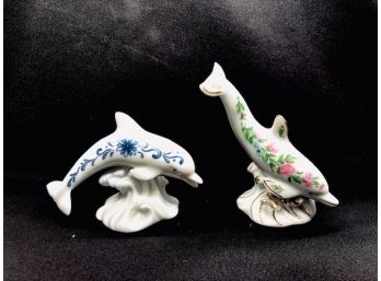 Pair Of Lenox Floral Porcelain Dolphins.