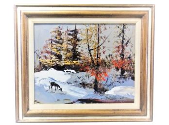 Morris Katz (1932-2010) Autumn Landscape With Deer  Oil On Masonite Painting