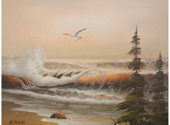 Vintage Mid Century Coastal Maine Seascape Oil Painting Signed B Power