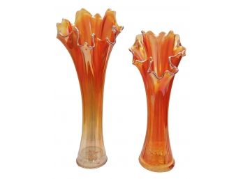 Beautiful Pair 11'  & 13' Marigold Carnival Glass Vases