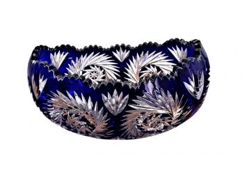 Bohemian  Vintage Cobalt Blue Cut To Clear Crystal Oval Bowl