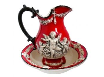 Vintage Italian Red Ewer Pitcher And Wash Basin With Raised Cherubs