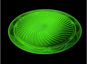 Vintage Anchor Hocking  Vaseline Uranium Glass  Footed Low Cake Plate With Swirl Pattern
