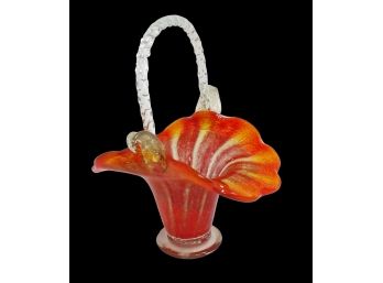Beautiful Murano Hand Blown Art Glass Brides Basket-with Glass Coil Handle