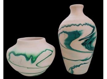 Pair Of Vintage 1970s Nemadji Earth Pottery Green Swirl Vases