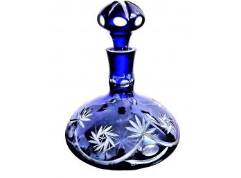 Vintage Bohemian Cobalt Blue Cut To Clear Ships Decanter With Thumbprint Stopper