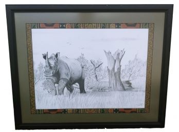 South African Artist Desmond Swart Framed Rhino In The Wild Graphite Drawing