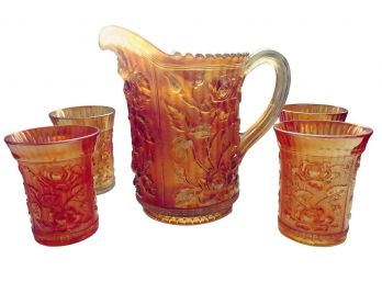 Vintage Imperial Glass Company Lustre Rose Carnival Glass Pitcher & Tumbler Set