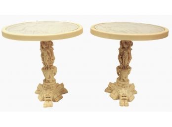 Gorgeous Pair Highly Carved Made In Italy Asian End Tables With Foo Dogs Nudes & Courting Scene