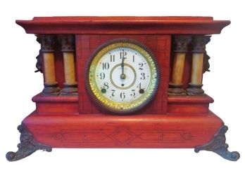 Nice Antique Seth Thomas Incised Walnut Adamantine Four Column Working Mantle Clock