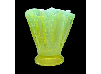 Vintage Fenton Topaz Vaseline Uranium Glass Opalescent Hobnail Footed Flared Vase