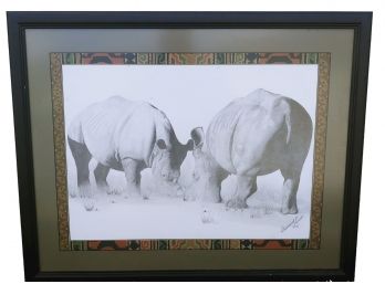 South African Artist Desmond Swart Framed Rhinos In The Wild Graphite Drawing