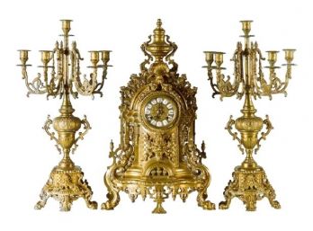 Gorgeous Vintage Imperial French Style Gilt Metal 3 Piece Clock Garniture Set