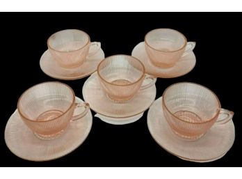 Vintage Jeannette Homespun Pink Depression Set Of 5 Cups & Saucers