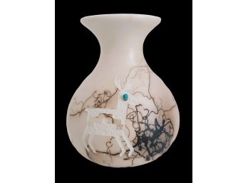 Vintage Native American Navajo Horsehair Vase With Deer & Turquoise Stone