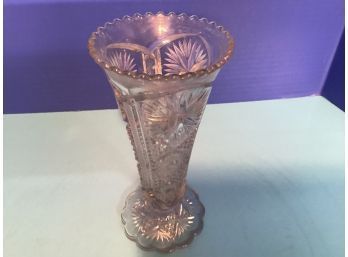 Vintage Clear Cut Glass Flared Flower Vase Sawtooth Rim (9 Inches Tall)