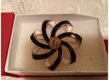 Vintage Gold Tone Ivory And Black Colored Enamel Round Pin