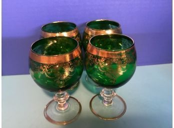 Vintage  Set Four (4) Italian Green Glass And Gold Brandy Glasses