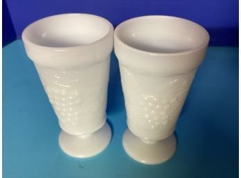 Vintage Pair Of White  Milk Glass Grape Pattern Goblets