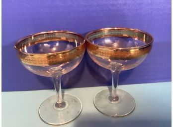 Vintage Pair Of  Culver Stemmed Wine Glasses 22k Gold
