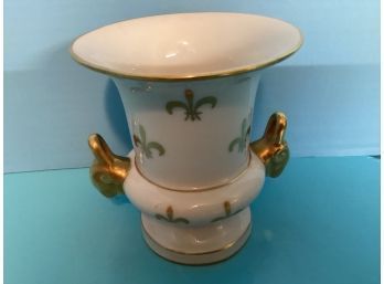 Vintage French Limoges White Footed Hand Painted Fleur De Lys Ram Head Handled Vase
