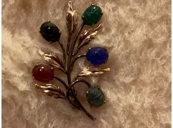 Vintage 12K Gold Filled Tree Branch Scarab Pin Pronged Semi-Precious Stones