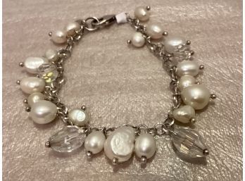 Vintage Sterling Silver Bracelet Fresh Water Pearls (?} And Glass Beads