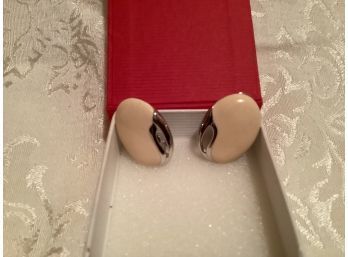 Vintage Silver Tone And Ivory Colored Monet Oval Clip Earrings