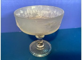 Vintage Frosted Rim Winter Scenes Open Compote  (6 1/2 Inches In Height)
