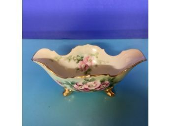 Antique Hand Painted Artist Signed  Gilded Scalloped Rim Floral Footed Candy Dish