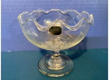 Vintage Eamon Glass Etched Clear Compote - With Tag From Ireland