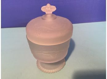 Vintage Frosted Glass Embossed Footed Powder Jar  (5 Inches In Height)