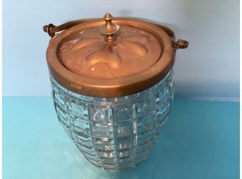 Vintage Pressed Glass & Brass Tone (?) Covered Biscuit Jar