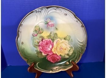 Antique Unsigned  Gilded Porcelain  Floral Cabinet Plate (12 Inches In Diameter)