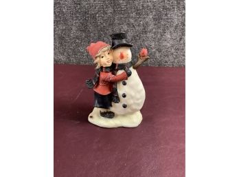 Snowman And Girl Resin Figurine