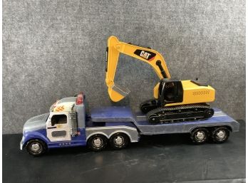 Police Flatbed Truck And CAT Excavator