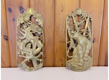 Pair Of Vintage Chinese Brass Plaques